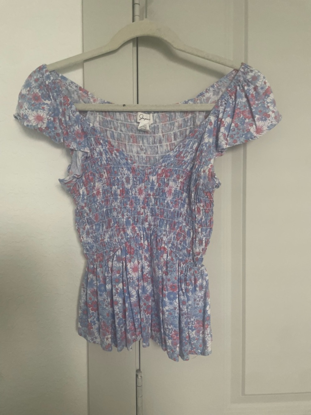Smocked Floral Ruffle Sleeve Top in Light Blue and Pink - Picture 2 of 3